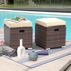 2 pcs Outdoor Wicker Ottomans w/Thick Cushion,Built-in Handle for Backyard Poolside Porch,Grey/Beige Cushion