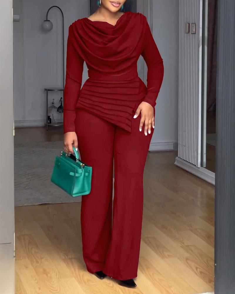 ChicMe Cowl Neck Asymmetrical Patchwork Ruched Jumpsuit Casual Cinched Waist Zipper Back Straight Leg Jumpsuit ChicMe Cowl Neck Asymmetrical Patchwork Ruched Jumpsuit Casual Cinched Waist Zipper Back Straight Leg Jumpsuit