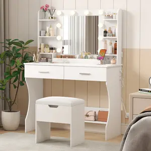 Lifewit Vanity with Mirror and LED Lights, Dressing Makeup Desk with Storage Stool, 8 Open Shelves, 2 Drawers, 2 Lipstick Holders