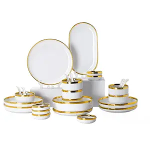 Luxury Gold Trim Ceramic Dinnerware Set – 18 or 25 Piece Modern Dish Bowl Combo for 4 or 6 People, Elegant Tableware for Weddings Birthdays Everyday Use