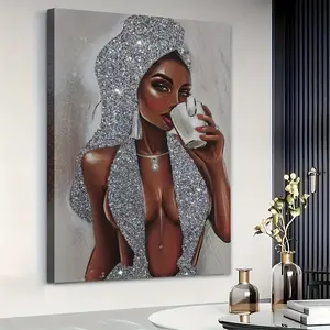 1 Piece Black Girl Silver Glitter Texture Canvas Painting Shiny Female Poster, Suitable for Living Room Bedroom Kitchen Office Cafe Decoration, Perfect Gift and Decoration, Wooden Frame, Ready to Hang