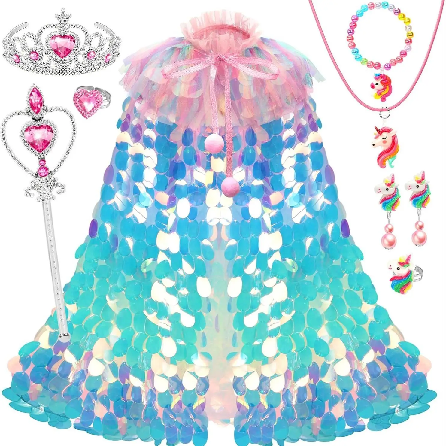 Princess Cape Suit, 9 Counts/set Shiny Sequins Rainbow Unicorn Princess Dress Up Clothes, Kids Costumes Toys, Birthday Gift Party Gift
