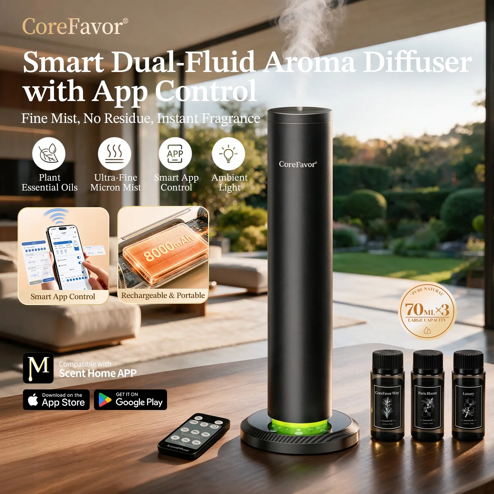 CoreFavor Smart Waterless Aroma Diffuser, Dual-Fluid Essential Oil Diffuser with App Control, Remote Control & Touch Button, 4 Color LED Ambient Light, Breathing Light Mode for Bedroom, Office, Home, Yoga Room