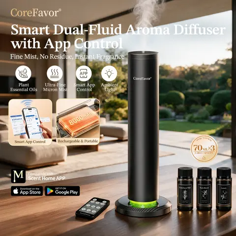 CoreFavor Smart Waterless Aroma Diffuser for Home, Dual-Fluid Essential Oil Diffuser with App & Remote Control, Touch Button, 4-Color LED Lighting, Breathing Light Mode, Built-In Lithium Cordless Humidifier for Bedroom, Office