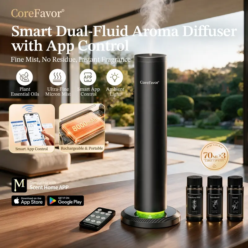CoreFavor Smart Waterless Aroma Diffuser for Home, Dual-Fluid Essential Oil Diffuser with App & Remote Control, Touch Button, 4-Color LED Lighting, Breathing Light Mode, Built-In Lithium Cordless Humidifier for Bedroom, Office