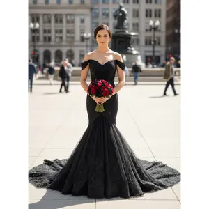 Brittney Black Mermaid Wedding dress with Off The Shoulder Sleeves , Black Wedding Dress, Gothic Wedding Dress, Black Lace wedding dress