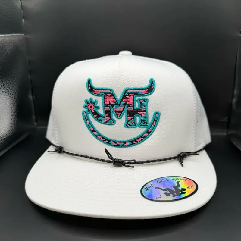 Aztec Branded Spurs Hat with Colorful Logo black leather barbed rope