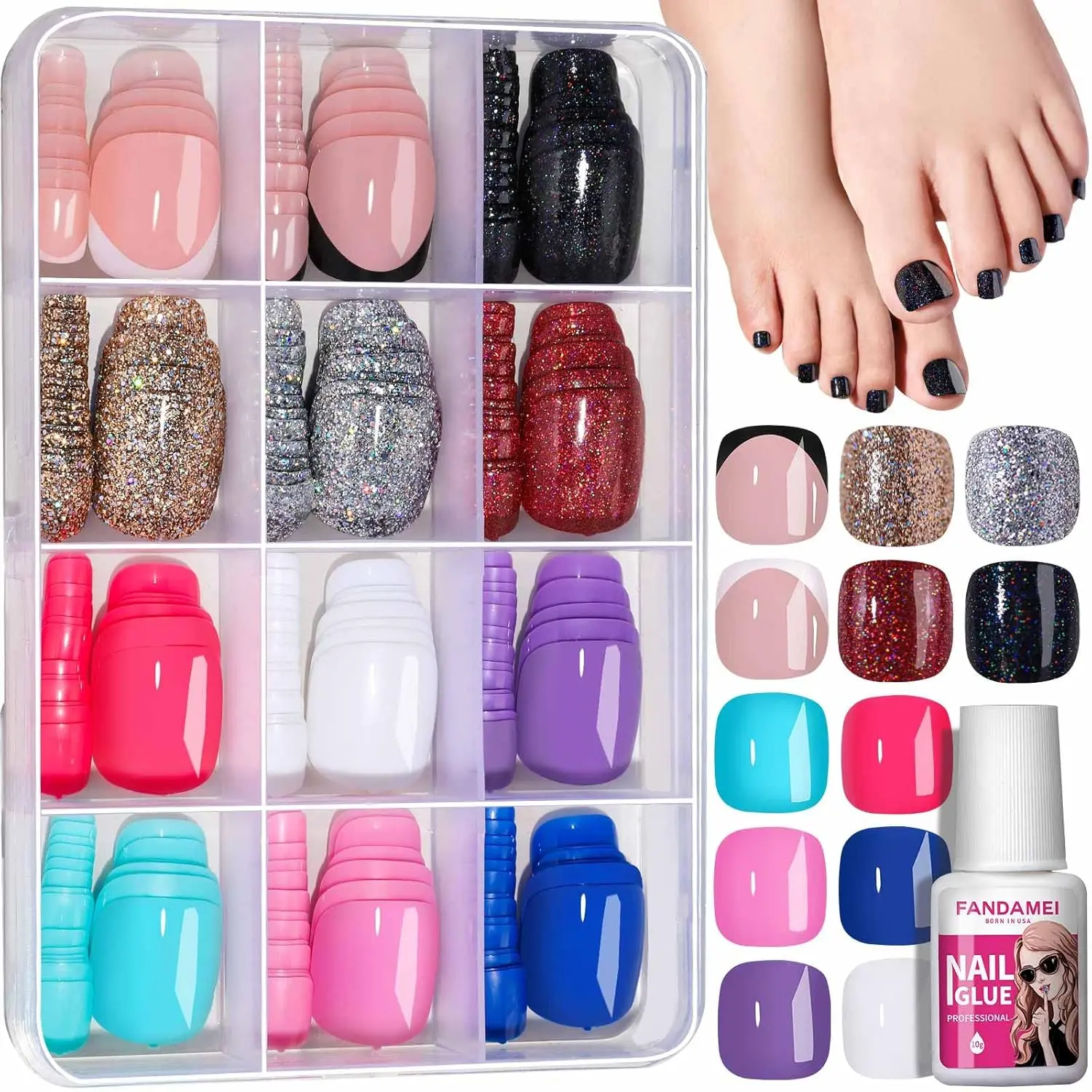 Press on Toenails, 12 Colors 288PCS Press on Toe Nails Short Square, 4 Glitter Press on Toenails Full Cover, 4 Glossy False Toenails for Feet, 4 Matte Fake Toenails for Summer Nail Art