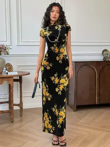 Floral Print Split Qipao for Women, Vintage Chinese Style Elegant Bodycon Dress, Perfect for Cocktail Parties, Traditional Events, Fall Winter Wear