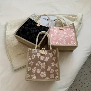 Chic Pink Floral Linen Tote Bag - Casual Japanese Bento Lunch Box Bag Cute Bento Bags with Snap Closure, Hand Washable, Perfect for Women, Moms, and Students, Lightweight & Stylish, Ideal for Daily Use | Textured Woven Design