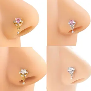 L Rod Heart Nose Rings with Dangle - Gold Plated Stainless Steel, Piercing Required, 20 Gauge, Stylish Accessory for Elegance