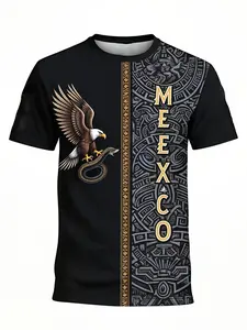 Men's Mexican Eagle Snake Aztec Sport T-Shirt, Street Style Round Neck Short Sleeve Top, Loose-Fit Geometric Pattern, All Seasons