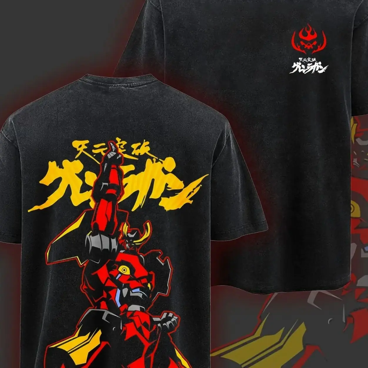 Men's Oversized Round Neck Heavyweight Seamless Rib Cotton T-Shirt Apparel, Menswear, Gurren Lagann Spiral Power Red-Black Double-Sided Graphic, Pre-Washed Soft Durable Fabric, Retro Casual Streetwear, Ideal Gift for Anime Fans (Takar Tomy/Takar ARH), Pre
