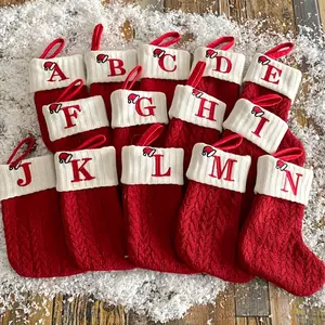 [holiday gifts][christmas gift] 1pc Classic Christmas Stocking - 7" Polyester Knitted Embroidery Alphabet Gift Bag, Durable and Easy-to-Hang for Xmas Tree Decor