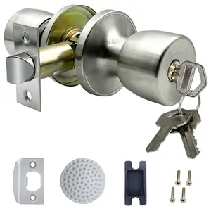 Satin Nickel Round Ball Door Knob with Lock & Key – 1 Pack for Interior/Exterior Bedroom/Bathroom