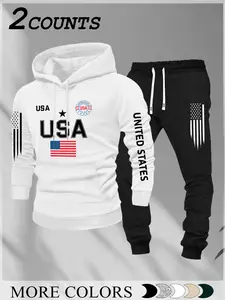Men's Patriotic American Sportswear Set, Athletic Sports Clothing, Hooded Sweatshirt & Drawstring Pants, Usa Flag Print, Casual Fall, Fitness Daily Wear