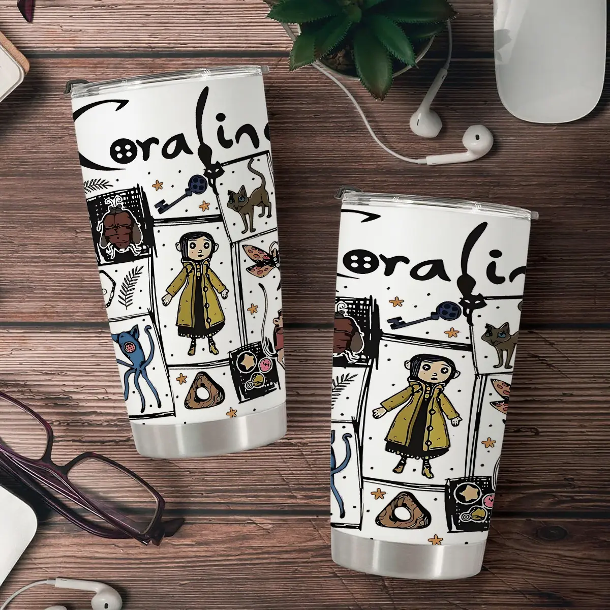 20oz Coraline The Other Mother Fan Art Insulated Stainless Steel Travel Cup - Portable Thermal Flask with Lid, Gothic Secret Door Pattern Beverage Mug Gift for Daughter