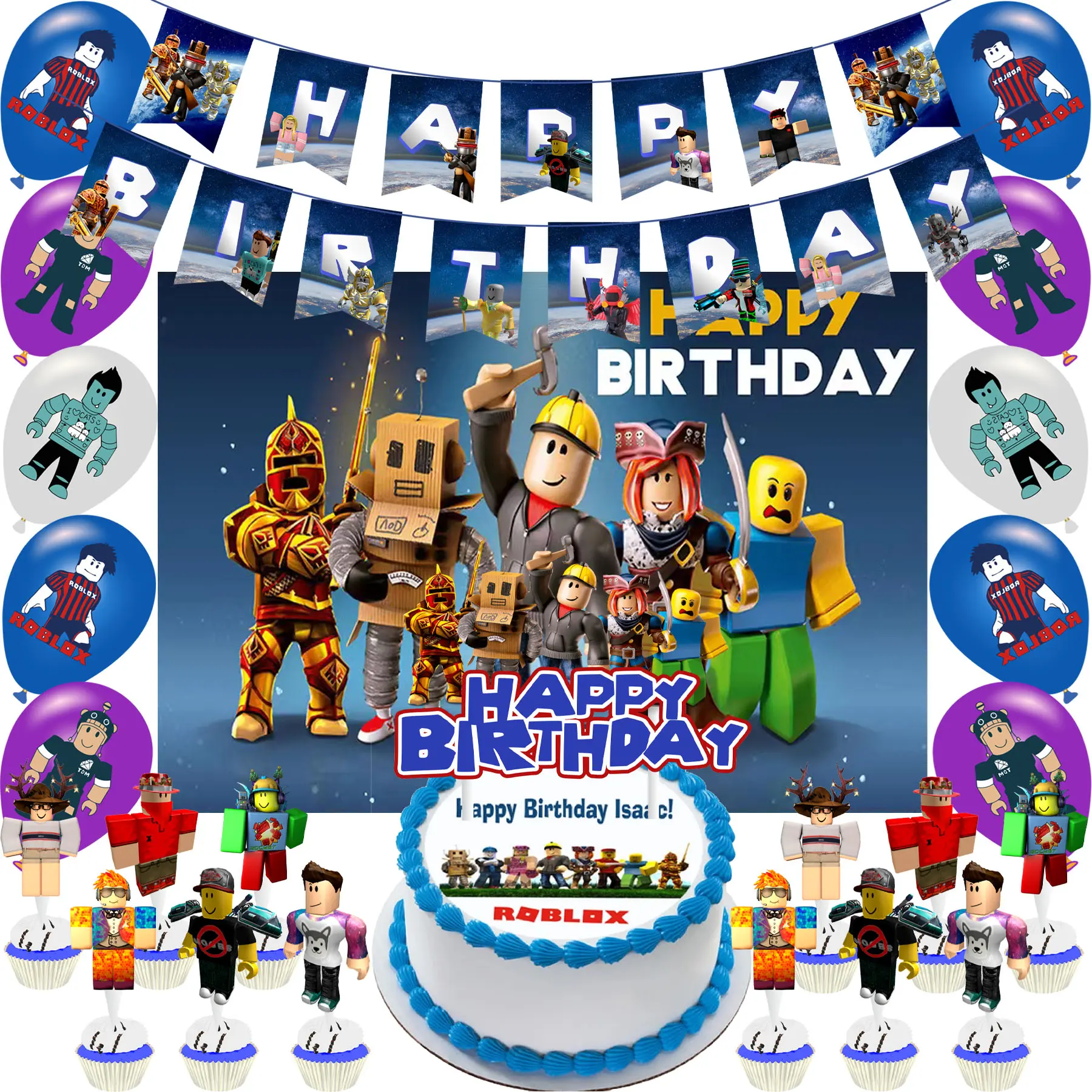 Roblox-Themed Birthday Party Decoration Set — Banner, Balloons, Cake Toppers, and Backdrop Decor — Ideal for Birthday Parties and Fans