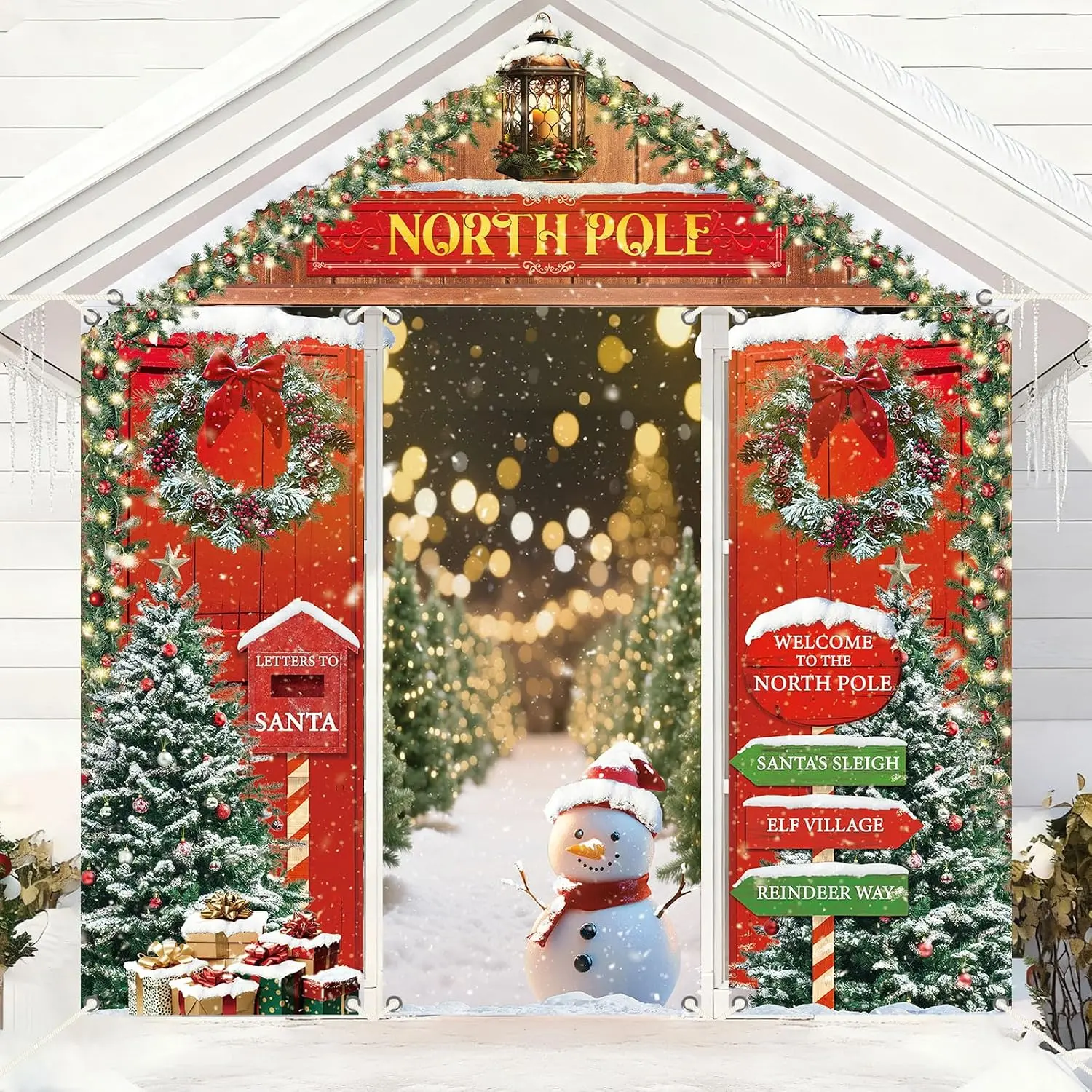 4 Pcs Christmas North Pole Door Decoration North Pole Snowy Winter Forest Snowman Door Cover Snowy Xmas Tree Hanging Banners Christmas Porch Sign Backdrop for Holiday Party Home Office Classroom Decor
