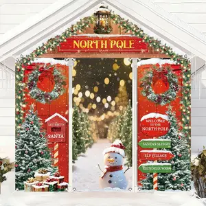 4 Pcs Christmas North Pole Door Decoration North Pole Snowy Winter Forest Snowman Door Cover Snowy Xmas Tree Hanging Banners Christmas Porch Sign Backdrop for Holiday Party Home Office Classroom Decor