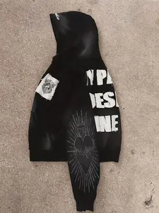 Y2K zip-up hoodie, patchwork pattern, wing embroidery, street-style hoodie, casual couple’s wear, fashionable urban style, distressed long-sleeve jacket, hip-hop apparel, fall/winter tops, holiday clothing. Easter and Mother’s Day Gift