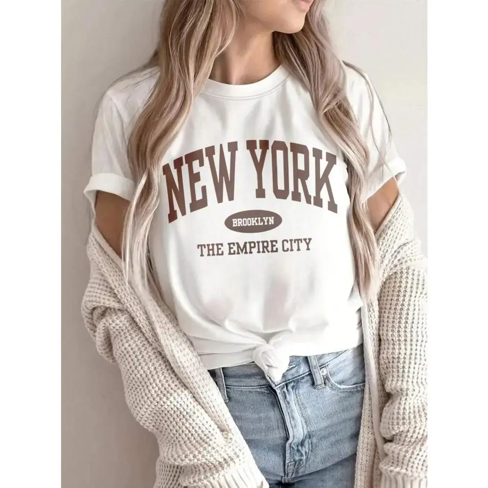 Women's Oversized Round Neck Short-Sleeve New York Brooklyn Empire City Graphic T-Shirt, Soft Cotton Lady Streetwear Top with Dropped Shoulder for Travel & Everyday Outfits, Shortsleeve, Breathable Flow