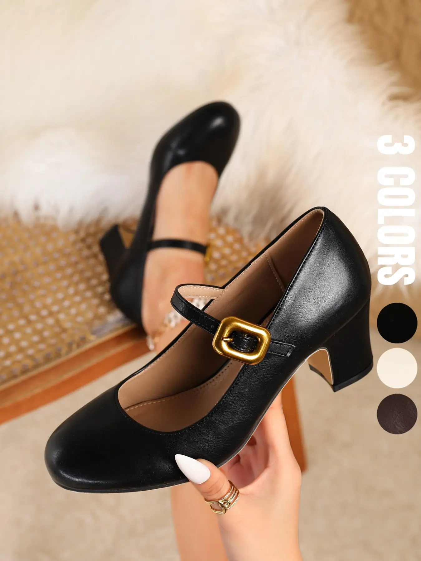 Women's Round Toe Gold Buckle Mary Jane Style Heels, Comfortable Elegant Stylish Classic Classy Chunky High Heel Shoes, Party, Wedding, Business, Formal Occasions Footwear