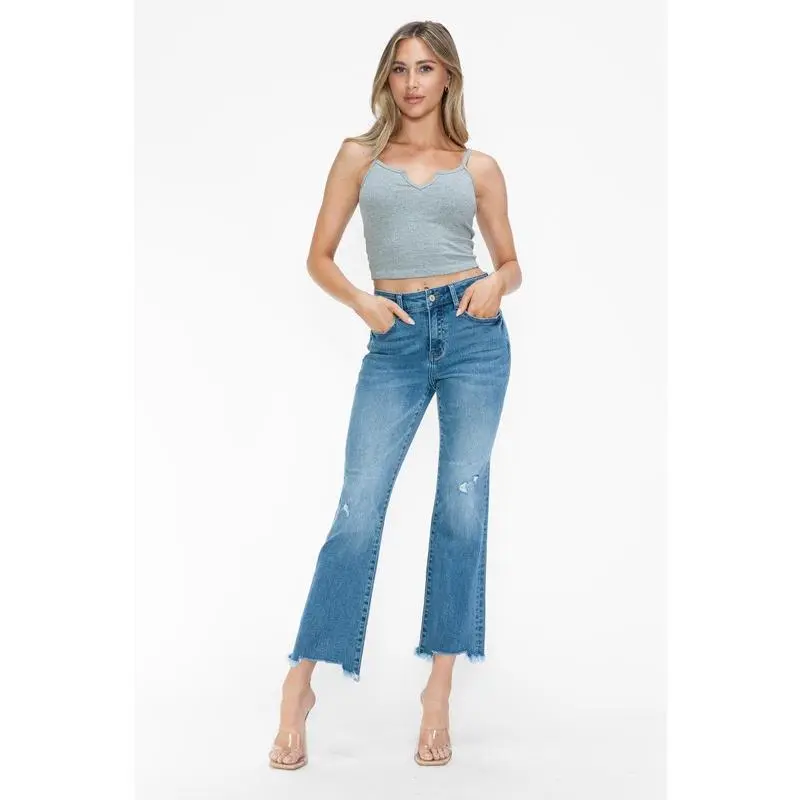 bytos Raw Hem Distressed Mid Rise Crop Jeans
