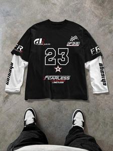 men's regular fit 2 in 1 letter & number print long sleeve tee, casual round neck t-shirt for daily wear, men's top for all seasons, longsleeves round neck clothing