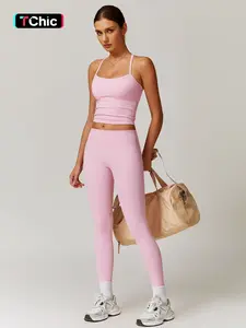 Women's Solid Backless Cami Top & High Waist Leggings Athletic Set, Sporty Comfy Breathable Outfits for Yoga Gym Running, Valentine's Day Gift for Her, Ladies Summer Sportswear, Athleisure Wear Set