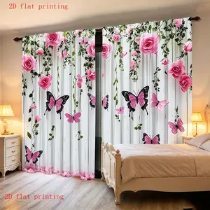 2-piece set of Nordic style wooden texture background rose butterfly curtains, durable semi transparent polyester material curtains, suitable for bedrooms/living rooms/study rooms, ideal for home decoration, Window Curtain, Net Curtains