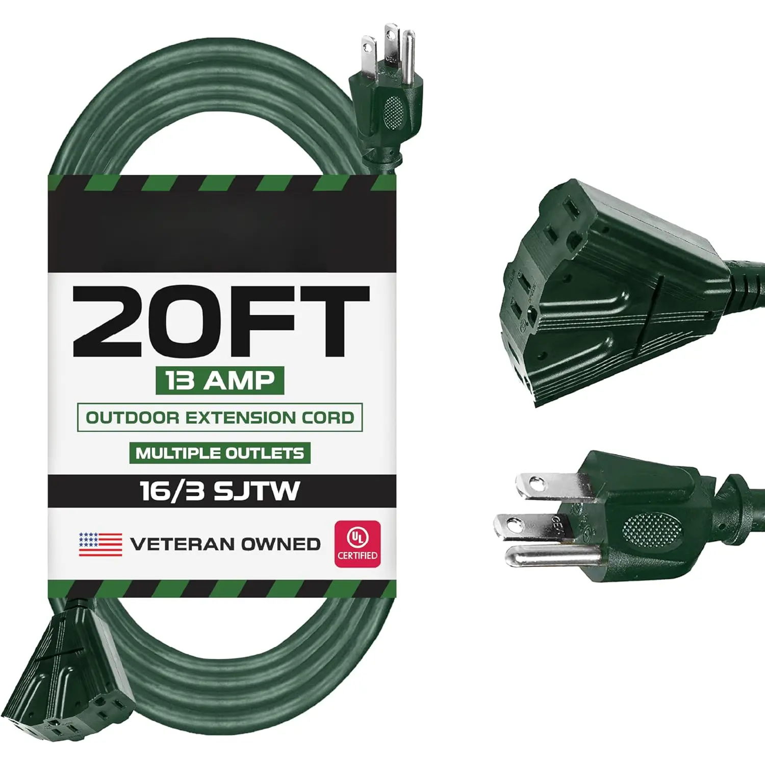 20ft Green Outdoor Extension Cord with 3 Outlets - 16/3 SJTW 20ft Extension Cord 3 Prong, 13 Amp All-Weather Heavy Duty Power