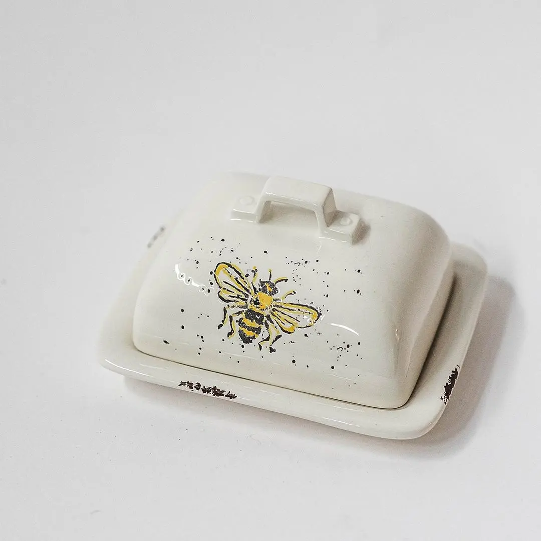 MDR Trading Inc. FP-WCJ-031Q01 Ceramic Speckled Butter Dish with Bees, Sunflowers - Kitchen Tableware Accessory for Table Setting