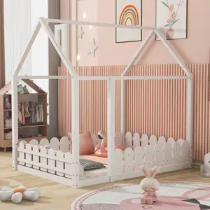 House Bed Full Size Montessori Floor Bed Frame with Roof and Fence, Box Spring Needed