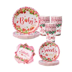 Strawberry Baby Design Disposable Party Supplies Set, Disposable Dinnerware, Paper Plates Napkins Cups for 25 Guests, Perfect for Parties Family Picnics