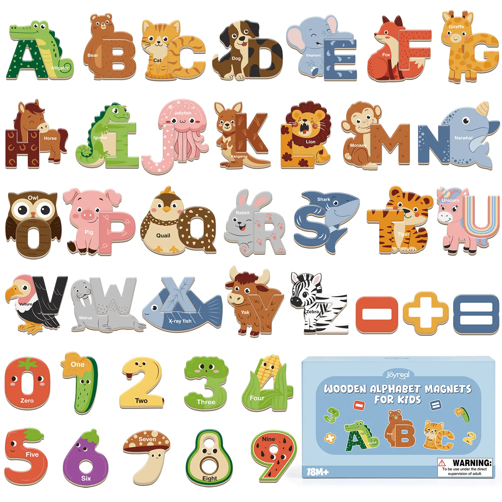 Joyreal Magnetic Letters for Toddlers, 65PCS Wooden Animal Alphabet & Number Fridge Magnets, ABC Magnets with Storage Box, Montessori Spelling & Reading Learning Toy, Educational Gift for Ages 2-5