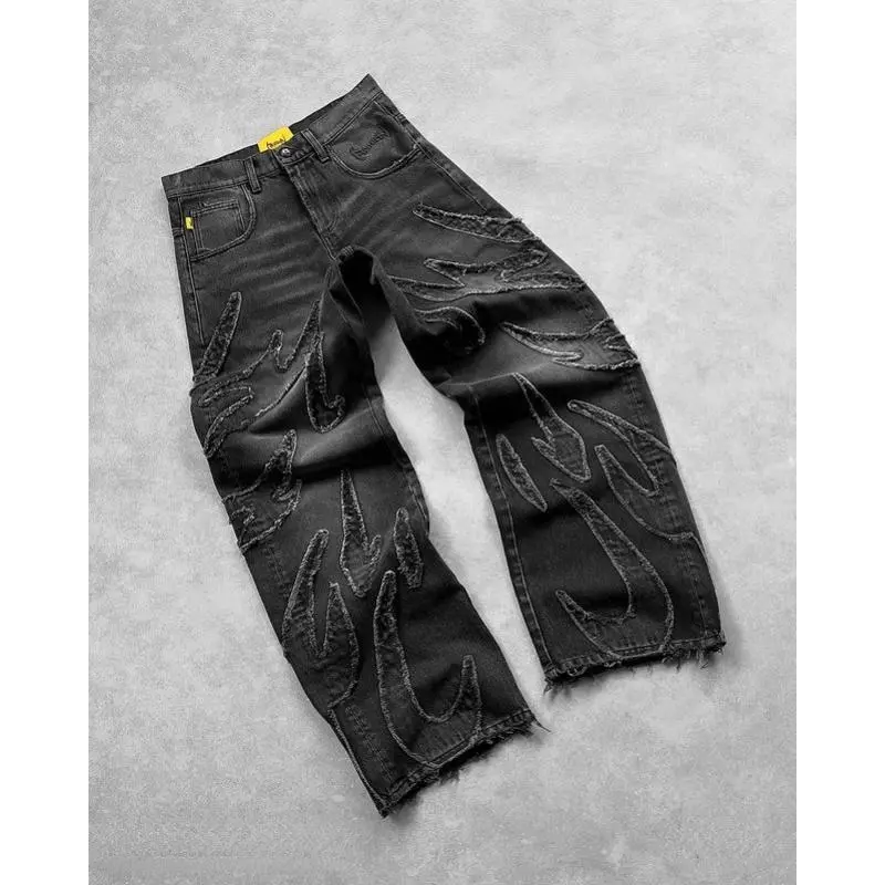 NewY2K Baggy Jeans for Men - Hip Hop Distressed Retro Black Trousers with Embroidery Pockets and Blue Plain Design Quality Clothes Denim Pants Streetwear Beige Wide Leg Menswear Fathersdaygift Ripped Raw Hem 1_Beige Gifts  Gifts