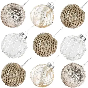 9 Pack Glitter Christmas Ornaments - Champagne Gold Sequin Shatterproof Balls, Premium Hanging Decor for Xmas Tree & Holiday Party, Unbreakable Elegant Set (3.15 Inch)