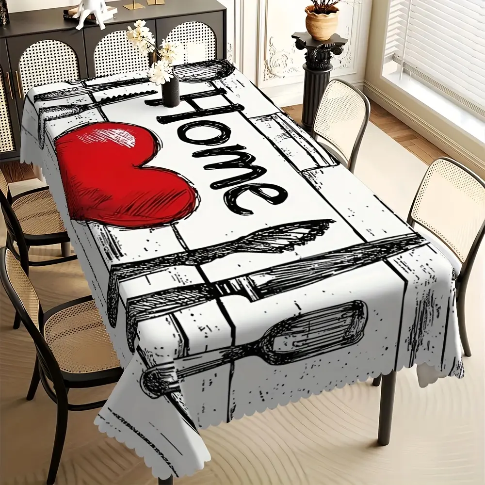 1pc Thickened Polyester Twill Rectangle Tablecloth with Fan-Shaped Edge, Digital Print "The Kitchen Is the Heart of the Home" Design, Durable Machine Washable Home Dining Room Table Cover, Housewarming Gift Fit for Table Size