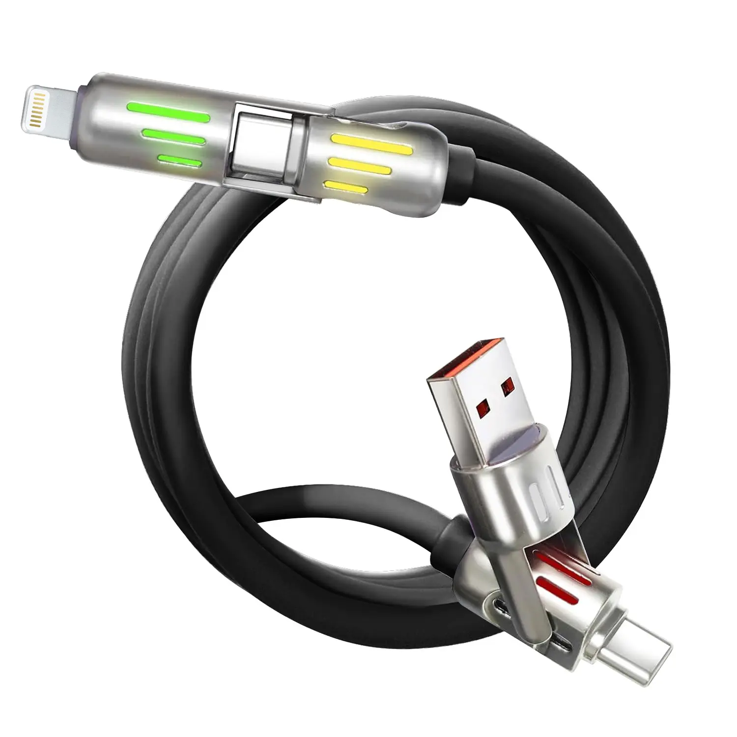 LED Glowing 4 in 1 Fast Charging / Data Cable 6.6ft 2M Silicone USB C PD Lightning Cable for Phone15 14 13 12 Pad Mac,Samsung S24 S23 S22 S21 Signal Breathing Lights