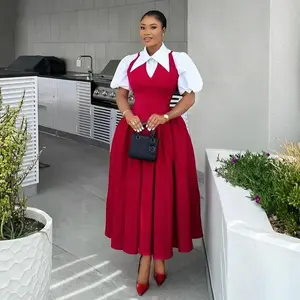 Women’s Fashion 2025 Collection High-Waist Slimming Red Check Dress & White Bubble Sleeve Shirt Set Chic Elegant Style for Spring Summer Casual Wear - Clothing