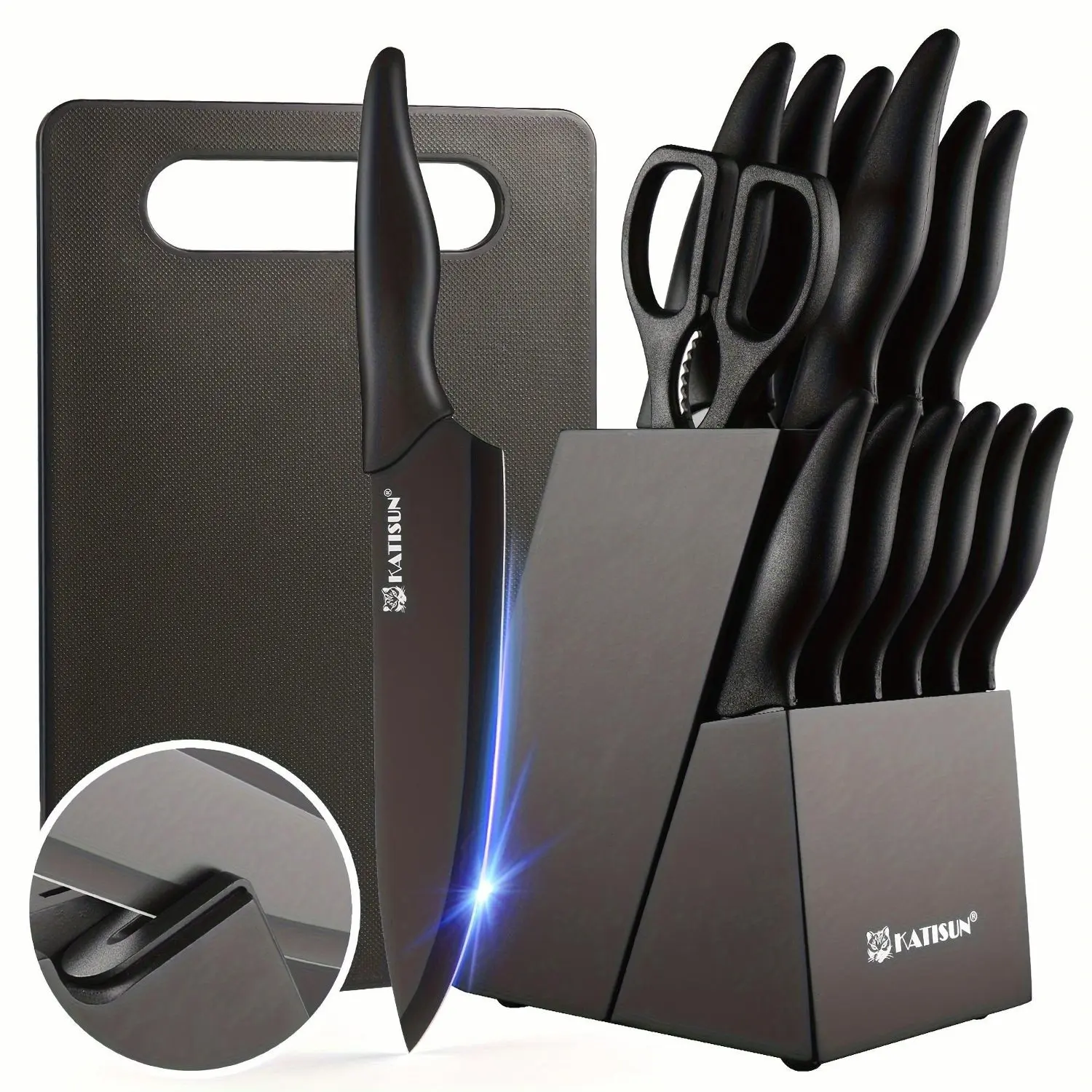 15pcs Professional Black-Coded Knives Kitchen Set - Black Wooden Block, Non-Slip ABS Handle Chef Knife, Plastic Cutting Board, Kitchen Shears - Ideal for Home Use, Perfect Gift for Thanksgiving, Christmas, 15 Pc