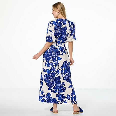 G by Giuliana Woven Embroidered Puff-Sleeve Midi Dress