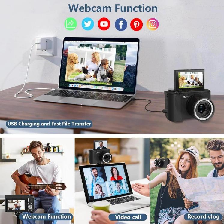 2026 Upgrade 2.0 4K Digital Camera for Photography,  Foldable Screen Portable Vlogging Camera with 32GB SD Card, Wrist Strap, Self Timer, Anti-Shake,  Digital Zoom, Ideal Gift for Girls, Boys Teenagers, and Beginners