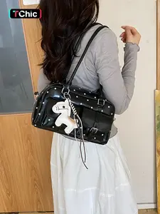 Women's Fashionable Solid Color Shoulder Bag, Large Capacity Multi-pocket Crossbody Bag with Bag Charm, Casual Trendy Versatile High-quality Daily Commuting Bag