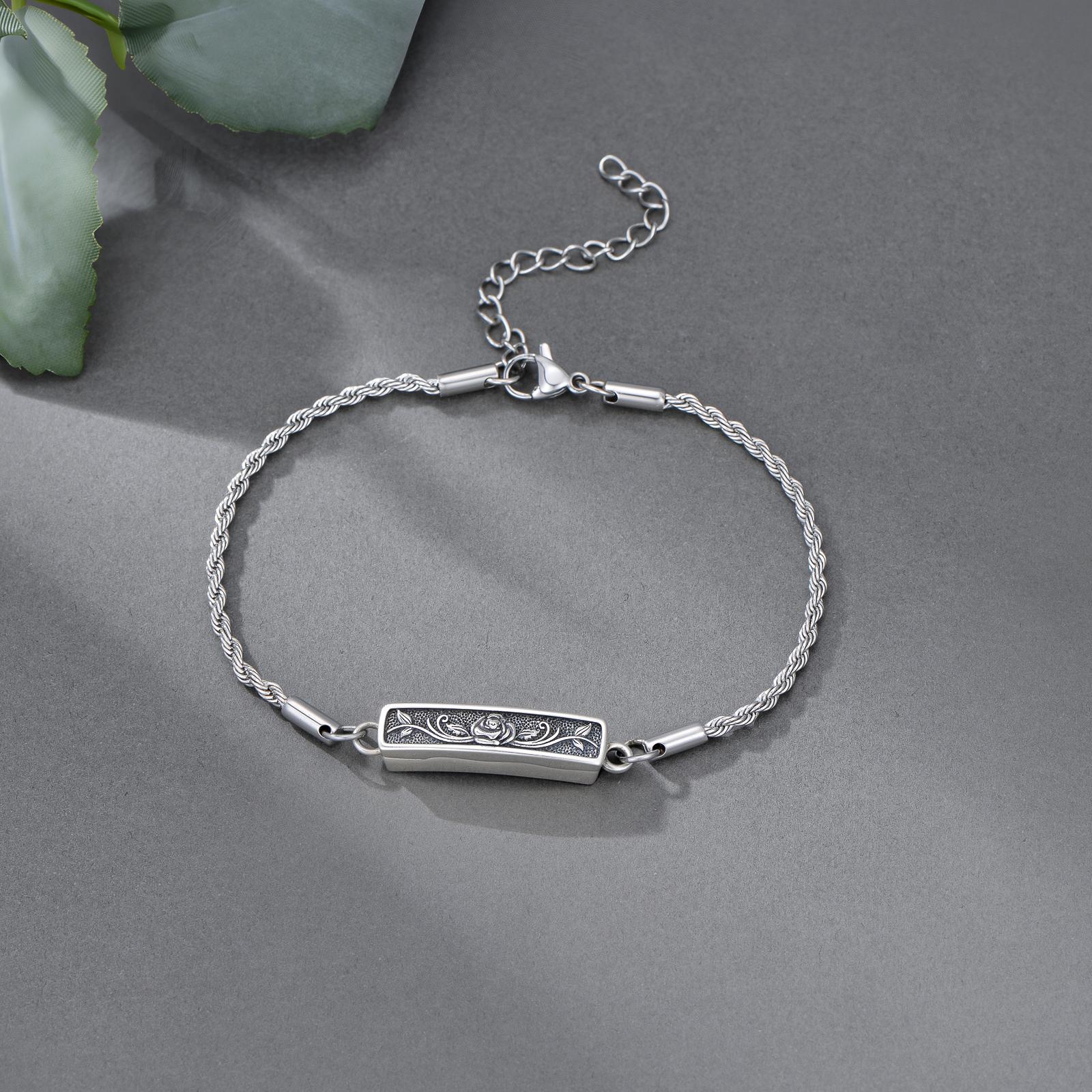 MEIDERBO Dream Chaser Rose Urn Bracelet 925 Sterling Silver Holds Ashes Flower Pendant Bella Chain Stainless Steel Rope Chain 7+2 Inch Memorial Jewelry