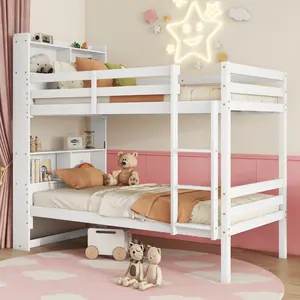 Twin Over Twin Bunk Bed Frame with Storage Bookcase, Rubber Wood Bunk Bed with Shelves Headboard, Safety Guardrails and Ladder, Convertible to 2 Beds