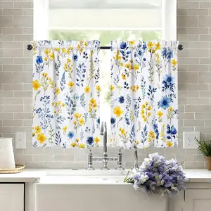 Yellow Blue Floral Kitchen Window Curtains Over Sink Flowers Small Window Treatment Short Curtains for Bathroom Tier Drapes Kitchen Decor with Rod Pocket 27.5" W x 36" L