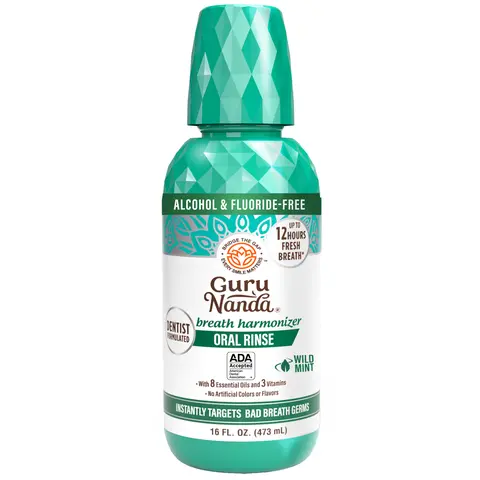 GuruNanda Fresh Breath Mouthwash with Sodium Chlorite, Essential Oils & Vitamins, Alcohol & Fluoride-Free, 12-Hrs Fresh Breath, Wild Mint, 16 fl oz