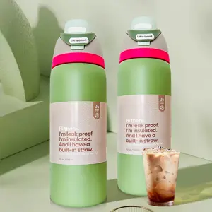 Avocado Water bottle 32oz, 945ML, with straw , FreeSip,heat preservation time more than 24 hours, cold and hot water can be insulated, can make coffee, frozen drinks,  exquisite workmanship, suitable for camping, work, indoor and Outdoor use.